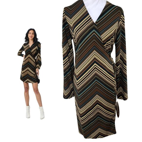 VINTAGE DEADSTOCK Y2K WRAP DRESS BELIEVE STRIPE GRAPHIC SIZE 12 LARGE NWT - Picture 2 of 4